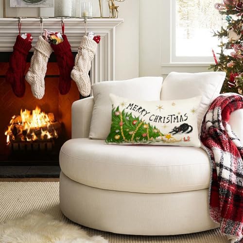 RABUSOFA Christmas Pillow Covers 12x20 Inch Merry Tree Black Cat