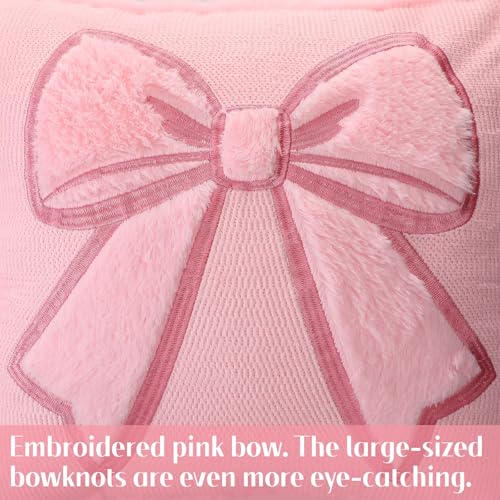 Pink Bow Throw Pillow Covers 18x18 - Set of 2 Faux Fur Coquette Decor