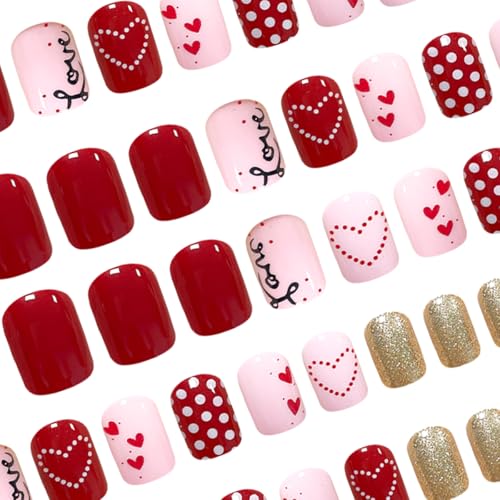 Valentine Heart Press On Nails Short Square Acrylic False Nails