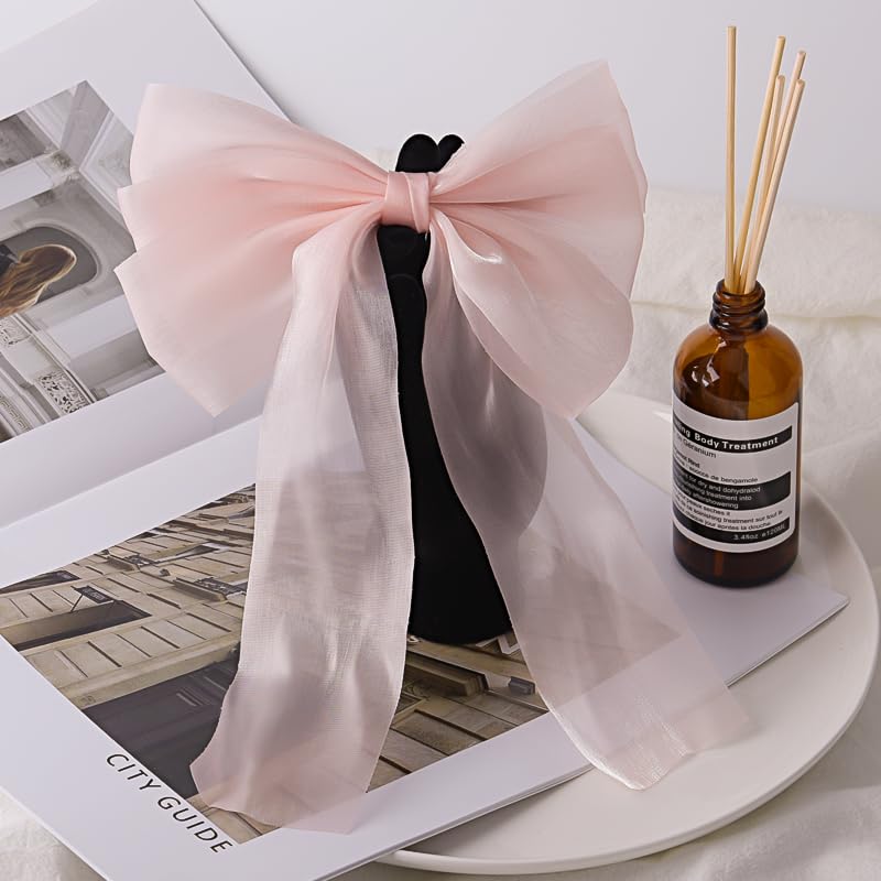 Light Pink Tulle Hair Bow Clip with Tassels Coquette French Barrette