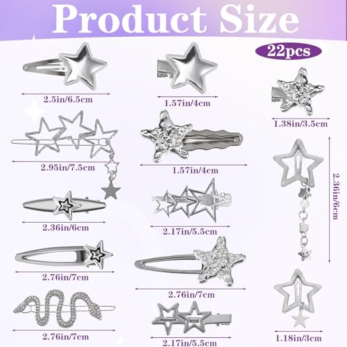 22pcs Silver Star Hair Clips Set Metal Hair Barrettes for Women
