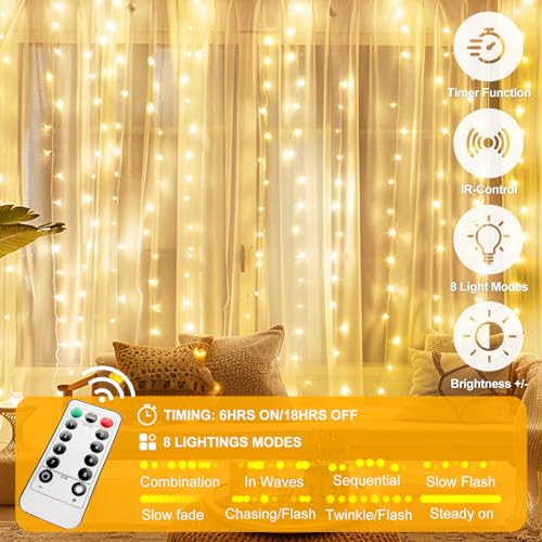 Warm White 300 LED Fairy Curtain Lights 9.8 x 9.8FT with Remote & Clips - USB