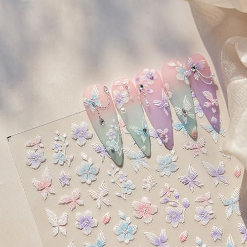 LIFOOST 5D Embossed Flower Nail Stickers Butterfly Floral Manicure Decals