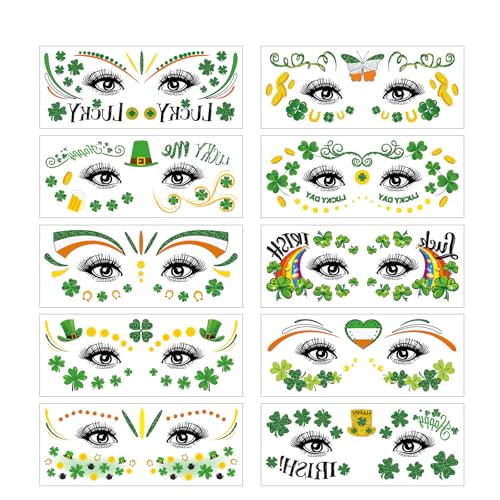 St. Patrick's Day Temporary Tattoos - 10 Sheets Waterproof Shamrock Face Stickers
