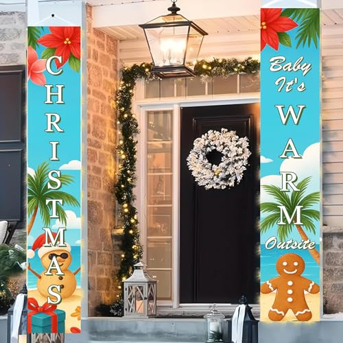 Tropical Christmas Porch Banners - Beach Snowman & Gingerbread Man
