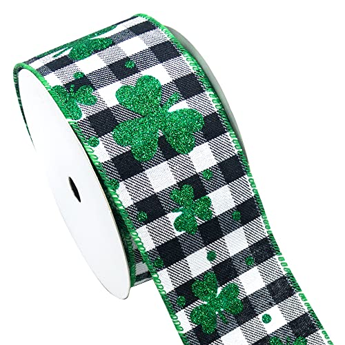 St Patrick's Day Burlap Ribbon 2.5" x 10 Yards - Black White Plaid with Green Glitter Shamrocks