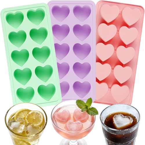 FRUIID Heart Silicone Ice Cube Molds, 3-Pack Deep Tray (Pink, Purple, Mint)