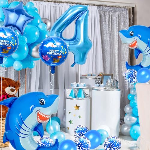 Giant Shark 4 Balloon - 40 Inch Blue Foil Number 4 for Kids Birthday Party (Shark-4)