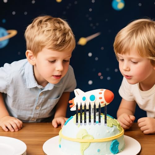 Galaxy Space Themed Birthday Cake Candles - 12 Long Black Cupcake Toppers