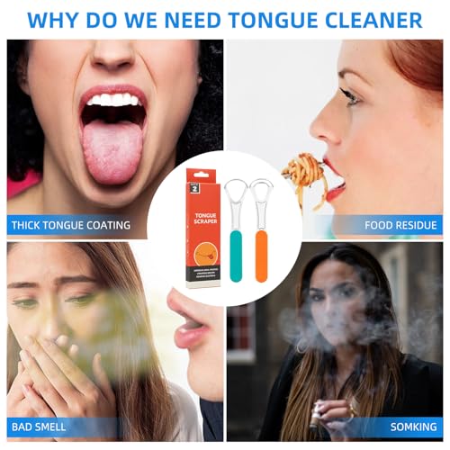 Stainless Steel Tongue Scraper 2-Pack with Silicone Handle for Bad Breath