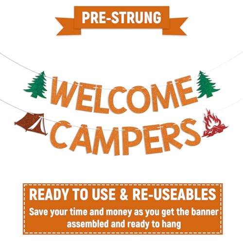 Welcome Campers Banner - Orange Glitter Camping Party Decor