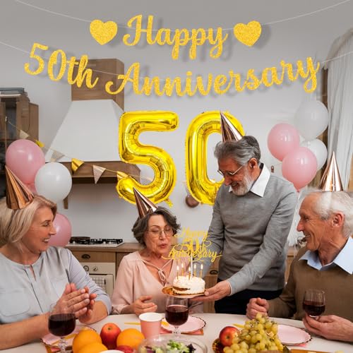 50th Wedding Anniversary Decoration Set - Gold Glitter Banner & Balloons