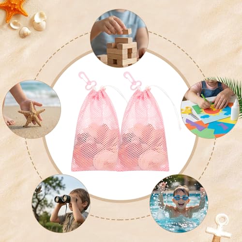 Amabro Pink Mesh Beach Bag - 2 Pcs Foldable Shell Collecting Bags