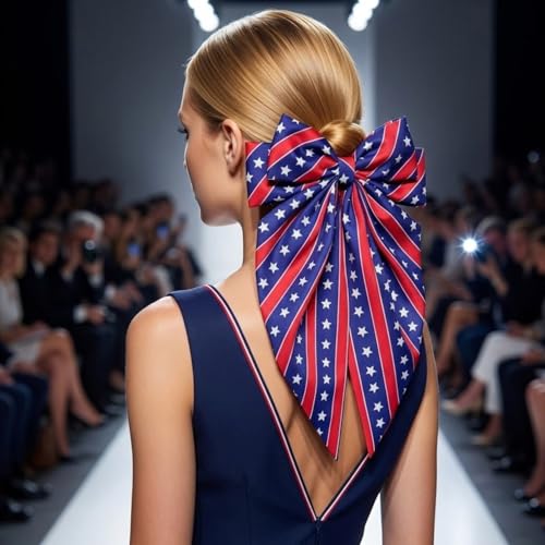 Patriotic Large Red White and Blue Hair Bow Clip with Long Tails
