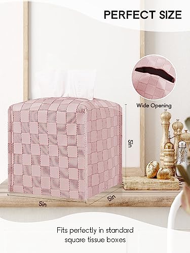 TOGETRUE Square Tissue Box Cover - Chessboard PU Leather Holder, Pink