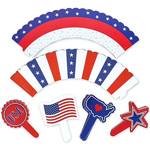 Patriotic American Flag Cupcake Toppers Set - 102 Pieces