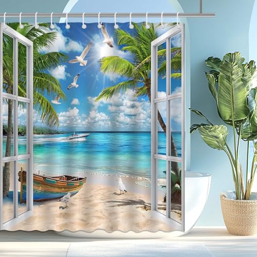Summer Beach Shower Curtain - Waterproof 72x72 Inch with Hooks