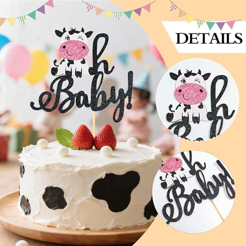 Cow Theme 'Oh Baby!' Cake Topper - Black Glitter Baby Shower Decoration