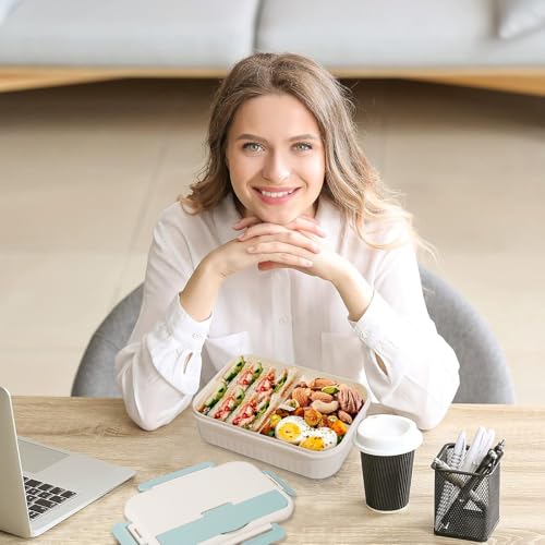 AYauGamA Bento Box - 3-Compartment Adult Lunch Box, 1800ml, BPA-Free, Microwave & Dishwasher Safe, Includes Spoon & Fork (Blue)