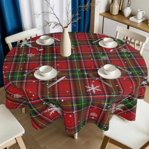 Xmas Plaid Snowflake Round Tablecloth - 60 Inch Holiday Christmas Decor