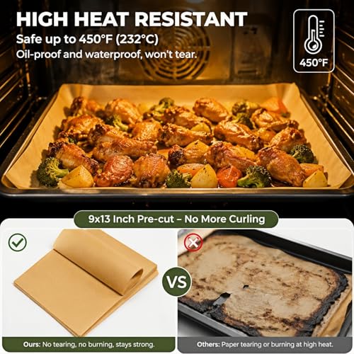100 Pcs Unbleached Parchment Paper Sheets - 9x13 Non-Stick Baking Liners