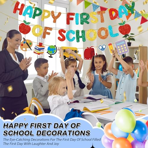 Fulmoon Happy First Day of School Banner Glitter Back to School Decor - Pre-Strung & Durable