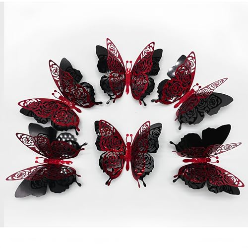 3D Red Butterfly Wall Stickers - 6pcs Removable Rose Butterfly Decals
