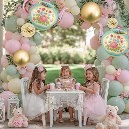 35" Green Blue Teapot Balloons - 4 Pcs Foil Tea Party Decorations