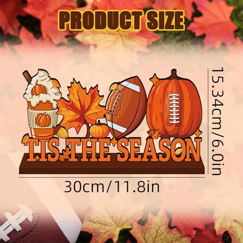 Fall Wooden Table Centerpiece Decor - Football, Pumpkin & Leaf Design, 11.8x6 Inches