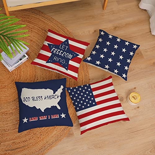 4th of July Throw Pillow Covers 18x18 Set 4 Patriotic American Flag