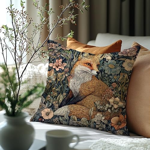 William Morris Inspired Fox Floral Flannel Pillow Cover 18x18 - C-fox 02