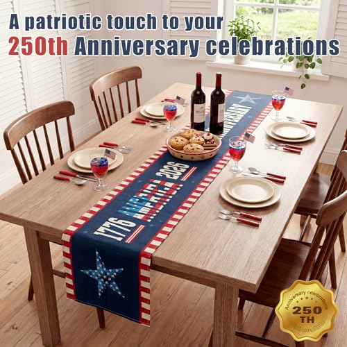 Patriotic 4th of July Table Runner 13x72" Linen Red White Blue
