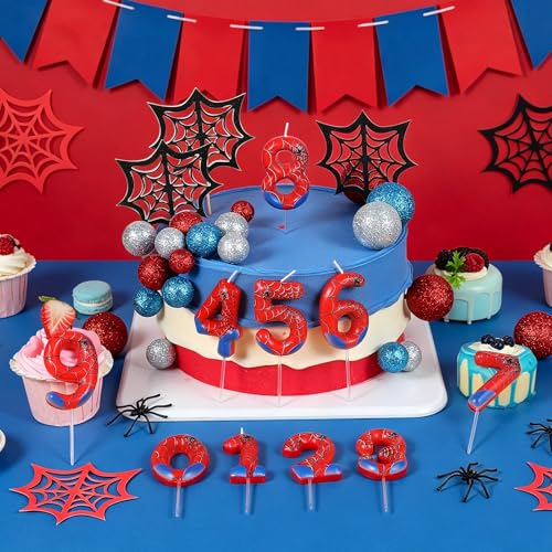 Spider Number 3 Birthday Candle - Red & Blue Web Cake Topper for Party