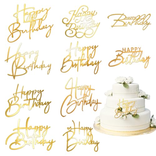 10 Pcs Gold Happy Birthday Cake Toppers - Mirror Acrylic Decor