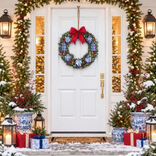 Chinoiserie Bead Christmas Wreath Door Hanger - Blue & White Wooden Sign - 11.8 Inches