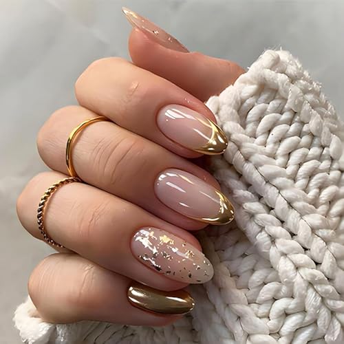 French Tip Press on Nails Medium Almond Gold Foil Fake Nails 24PCS