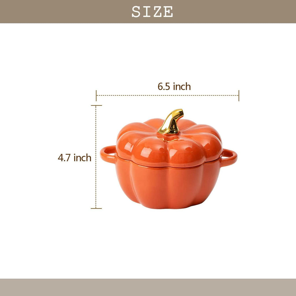 Pumpkin Bowl Set - 4 Ceramic Ramekins with Lid & Handle | Oven Safe Stoneware, 14 Oz (Orange)