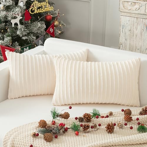 Kevin Textile Striped Corduroy Pillow Covers, 12”x20” - 2 Pack, Cream White