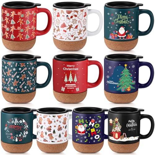 Christmas Ceramic Coffee Mug Set with Cork Bottom Spill Proof Lids - 12oz