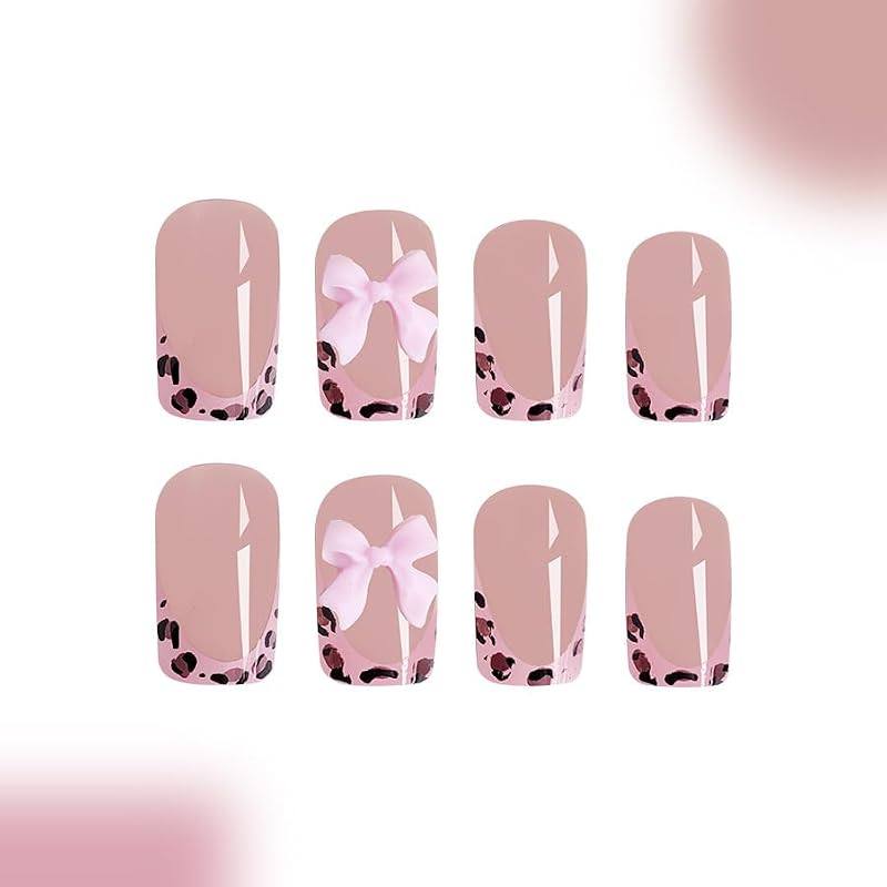 Leopard Print French Tip Press on Nails with Bow & Rhinestones