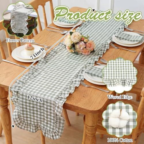 Green Gingham Cotton Ruffle Table Runner for 4-6 People - 12x71 Inches, Plaid / Olive Green