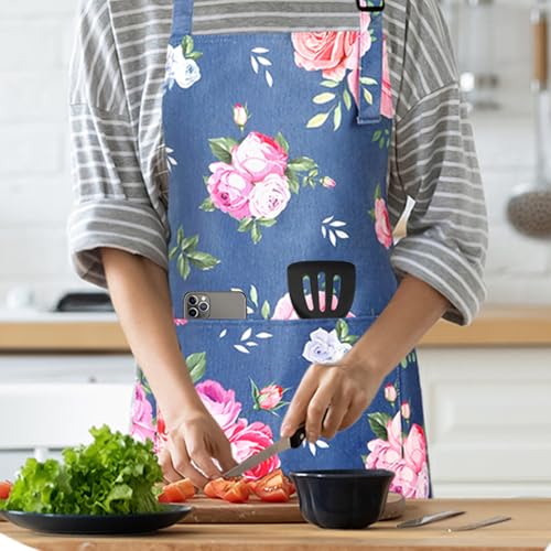 Blue Floral Apron for Women - Waterproof Cotton Canvas with Pockets