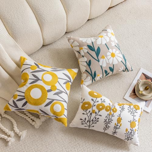 Boho Floral Tufted Throw Pillow Cover 18"x18" - Cotton Cushion for Sofa & Bed (Flower E)
