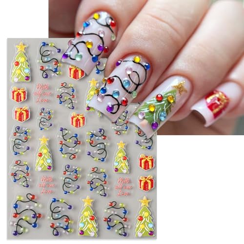 IDDFEVE 5D Christmas Nail Stickers Embossed Xmas Light String Decals 2 Sheets
