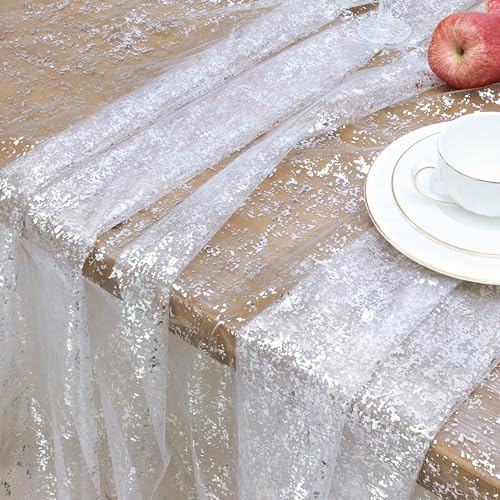Elegant White & Silver Glitter Tulle Tablecloth 58x84 Inch