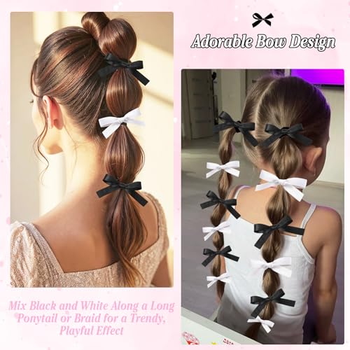 Auseibeely 12PCS Silk Satin Hair Bows Ponytail Holders Black White