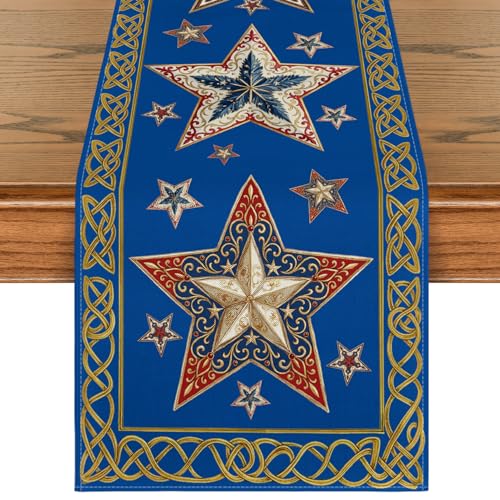 Artoid Mode 4th of July Table Runner - Blue Stars on Golden Border, 13x36 Inch