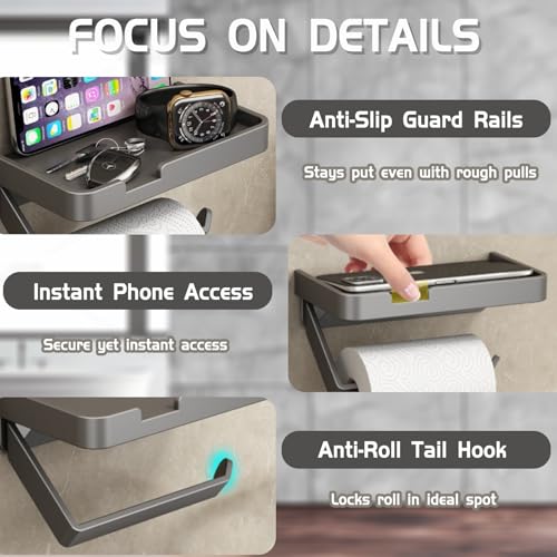 LERAO Adhesive Toilet Paper Holder with Phone Shelf - Matte Black Aluminum