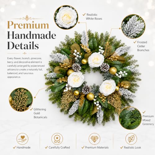28 Inch Christmas Wreath with White Roses and Gold Decor for Front Door