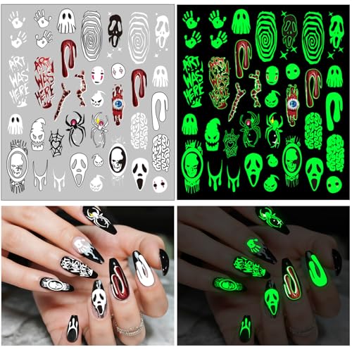 Glow in the Dark Halloween Nail Art Stickers, 9 Sheets Self-Adhesive Decals